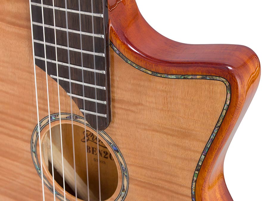 hollow body electric nylon guitar, spruce top, mahogany body, amara ebony fb, nat + hard shell case