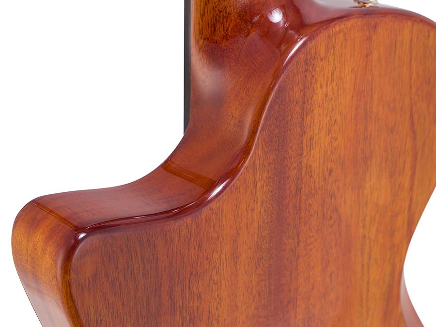 hollow body electric nylon guitar, spruce top, mahogany body, amara ebony fb, nat + hard shell case