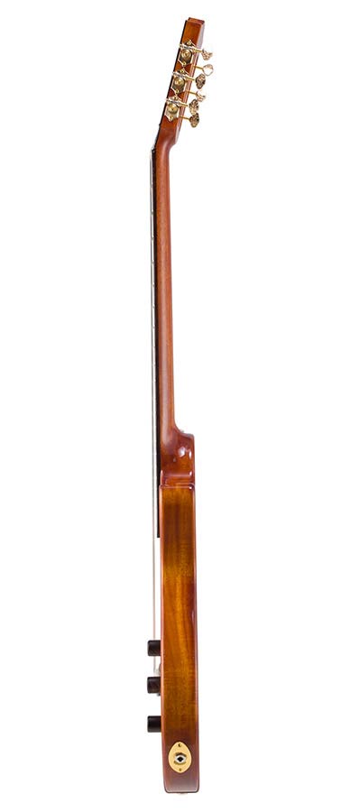 hollow body electric nylon guitar, spruce top, mahogany body, amara ebony fb, nat + hard shell case