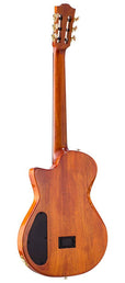 hollow body electric nylon guitar, spruce top, mahogany body, amara ebony fb, nat + hard shell case