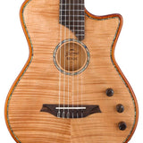 hollow body electric nylon guitar, spruce top, mahogany body, amara ebony fb, nat + hard shell case