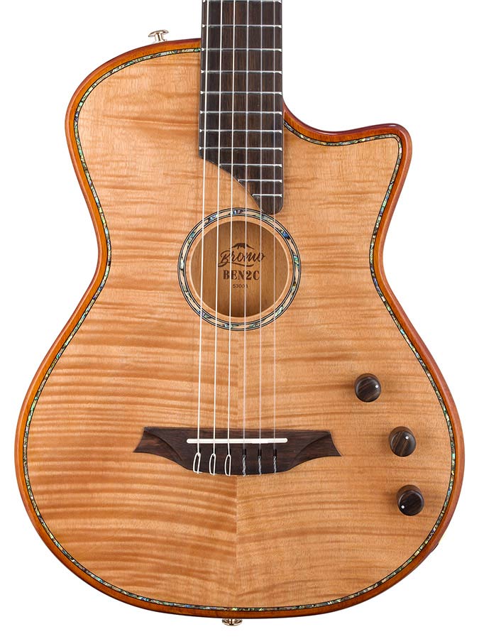 hollow body electric nylon guitar, spruce top, mahogany body, amara ebony fb, nat + hard shell case