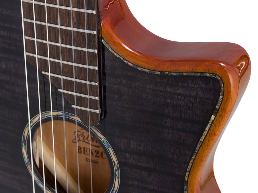 hollow body electric nylon guitar, spruce top, mahogany body, amara ebony fb, tbk + hard shell case