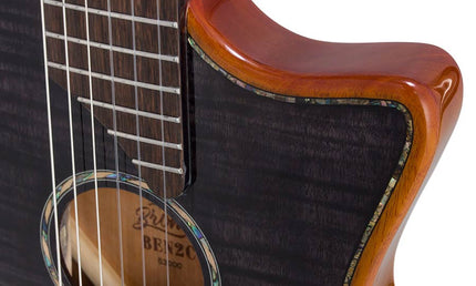 hollow body electric nylon guitar, spruce top, mahogany body, amara ebony fb, tbk + hard shell case