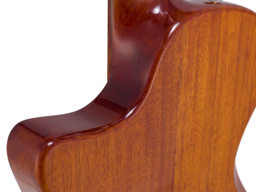 hollow body electric nylon guitar, spruce top, mahogany body, amara ebony fb, tbk + hard shell case