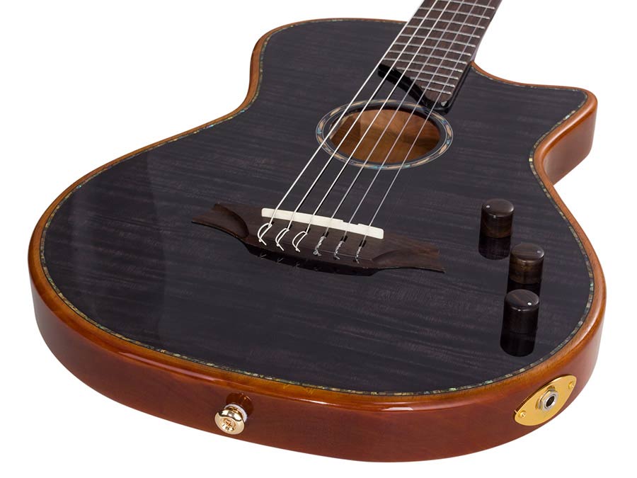 hollow body electric nylon guitar, spruce top, mahogany body, amara ebony fb, tbk + hard shell case