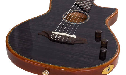 hollow body electric nylon guitar, spruce top, mahogany body, amara ebony fb, tbk + hard shell case