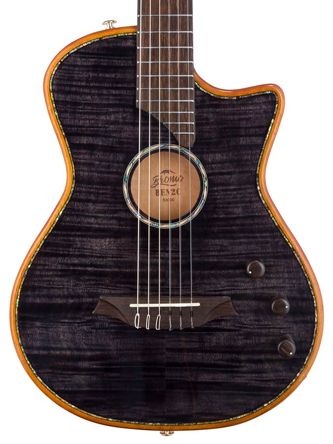 hollow body electric nylon guitar, spruce top, mahogany body, amara ebony fb, tbk + hard shell case