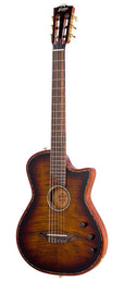 hollow body electric nylon guitar, spruce top, mahogany body, amara ebony fb, 3ts + hard shell case