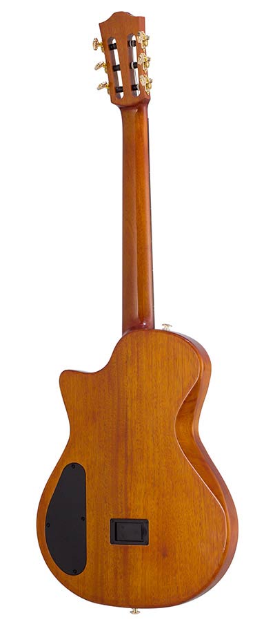 hollow body electric nylon guitar, spruce top, mahogany body, amara ebony fb, 3ts + hard shell case