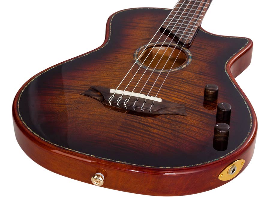 hollow body electric nylon guitar, spruce top, mahogany body, amara ebony fb, 3ts + hard shell case