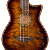 hollow body electric nylon guitar, spruce top, mahogany body, amara ebony fb, 3ts + hard shell case