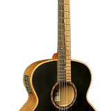 mini jumbo acoustic guitar, solid mahogany top, walnut b&s, amara ebony fb, black, padded bag