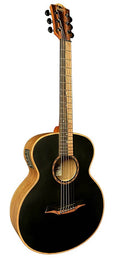 mini jumbo acoustic guitar, solid mahogany top, walnut b&s, amara ebony fb, black, padded bag