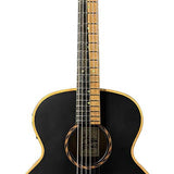 mini jumbo acoustic guitar, solid mahogany top, walnut b&s, amara ebony fb, black, padded bag