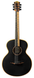 mini jumbo acoustic guitar, solid mahogany top, walnut b&s, amara ebony fb, black, padded bag