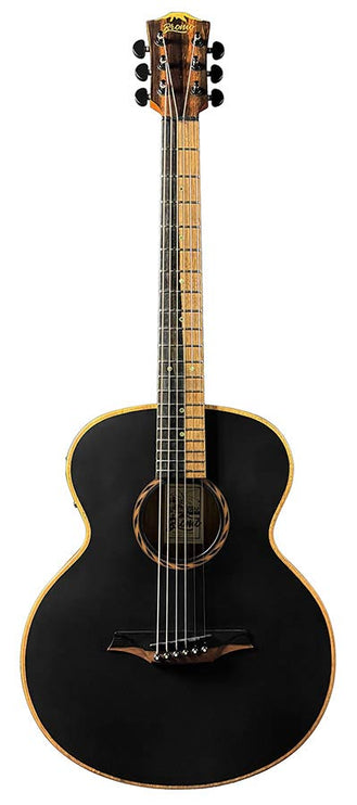 mini jumbo acoustic guitar, solid mahogany top, walnut b&s, amara ebony fb, black, padded bag