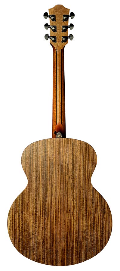 mini jumbo acoustic guitar, solid mahogany top, walnut b&s, amara ebony fb, black, padded bag