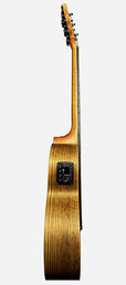 mini jumbo acoustic guitar, solid mahogany top, walnut b&s, amara ebony fb, black, padded bag