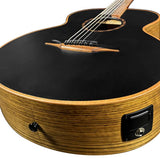 mini jumbo acoustic guitar, solid mahogany top, walnut b&s, amara ebony fb, black, padded bag