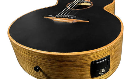 mini jumbo acoustic guitar, solid mahogany top, walnut b&s, amara ebony fb, black, padded bag
