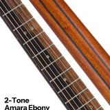 mini jumbo acoustic guitar, solid mahogany top, walnut b&s, amara ebony fb, black, padded bag
