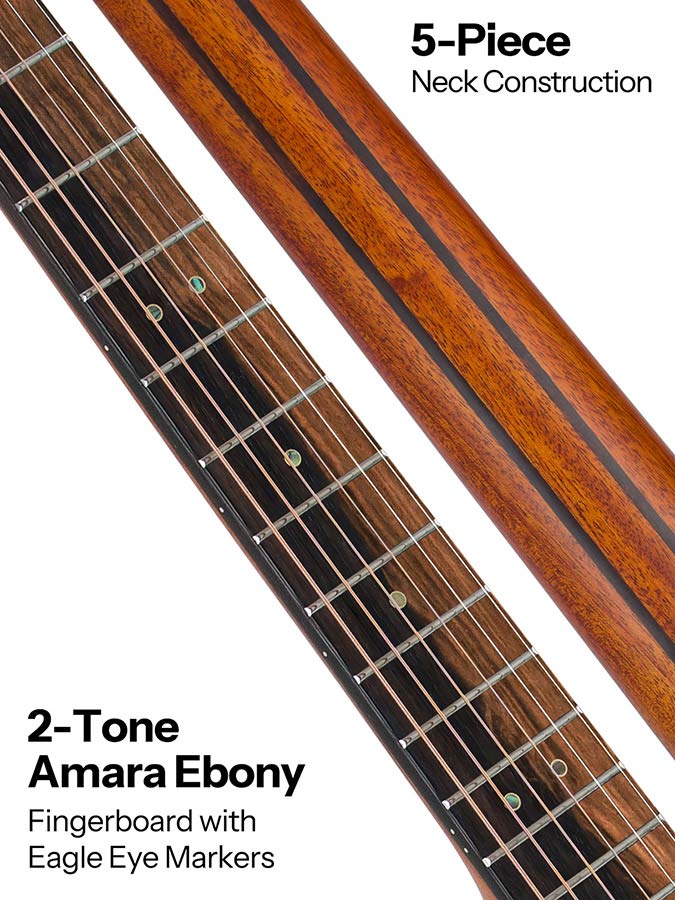 mini jumbo acoustic guitar, solid mahogany top, walnut b&s, amara ebony fb, black, padded bag
