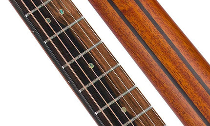 mini jumbo acoustic guitar, solid mahogany top, walnut b&s, amara ebony fb, black, padded bag