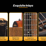 mini jumbo acoustic guitar, solid mahogany top, walnut b&s, amara ebony fb, black, padded bag