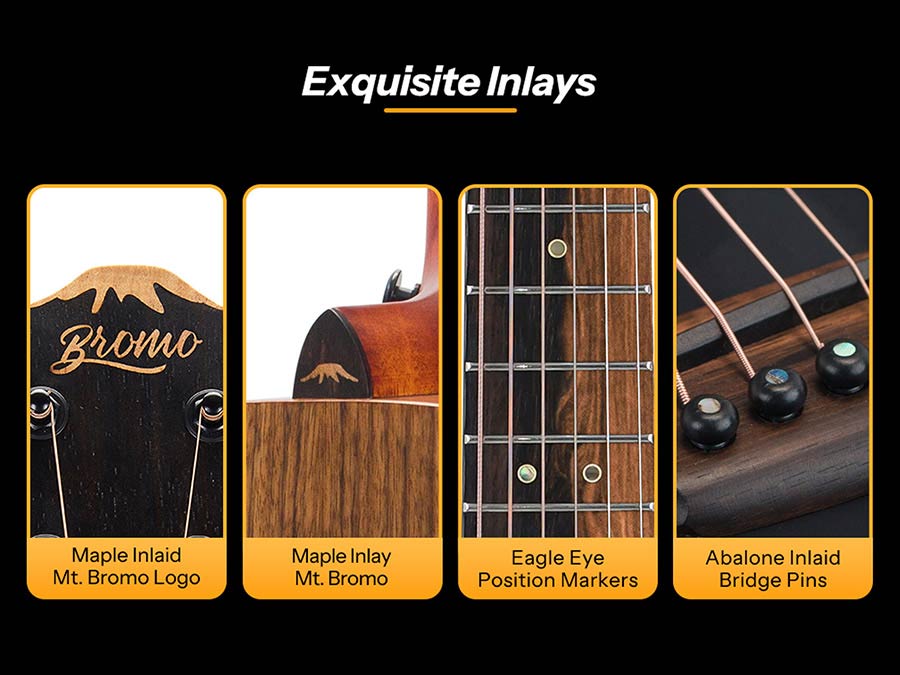 mini jumbo acoustic guitar, solid mahogany top, walnut b&s, amara ebony fb, black, padded bag