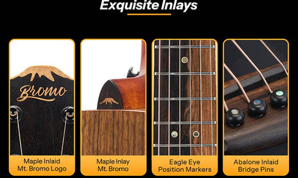 mini jumbo acoustic guitar, solid mahogany top, walnut b&s, amara ebony fb, black, padded bag