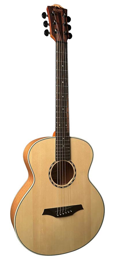 mini jumbo acoustic guitar, solid spruce top, amara ebony fb, natural, sponge padded bag