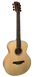 mini jumbo acoustic guitar, solid spruce top, amara ebony fb, natural, sponge padded bag