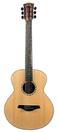 mini jumbo acoustic guitar, solid spruce top, amara ebony fb, natural, sponge padded bag