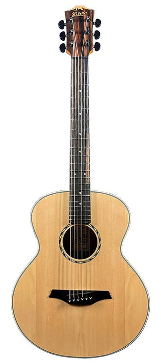 mini jumbo acoustic guitar, solid spruce top, amara ebony fb, natural, sponge padded bag