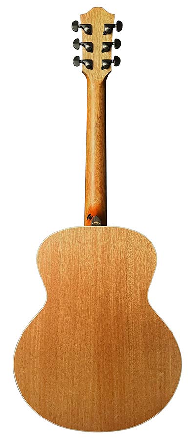 mini jumbo acoustic guitar, solid spruce top, amara ebony fb, natural, sponge padded bag