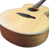 mini jumbo acoustic guitar, solid spruce top, amara ebony fb, natural, sponge padded bag