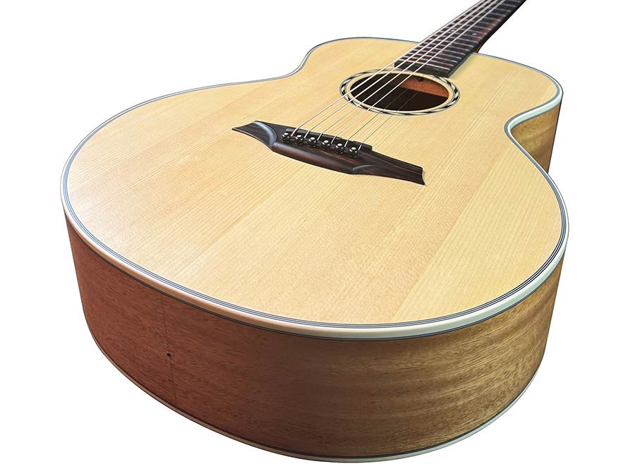 mini jumbo acoustic guitar, solid spruce top, amara ebony fb, natural, sponge padded bag