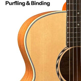 mini jumbo acoustic guitar, solid spruce top, amara ebony fb, natural, sponge padded bag