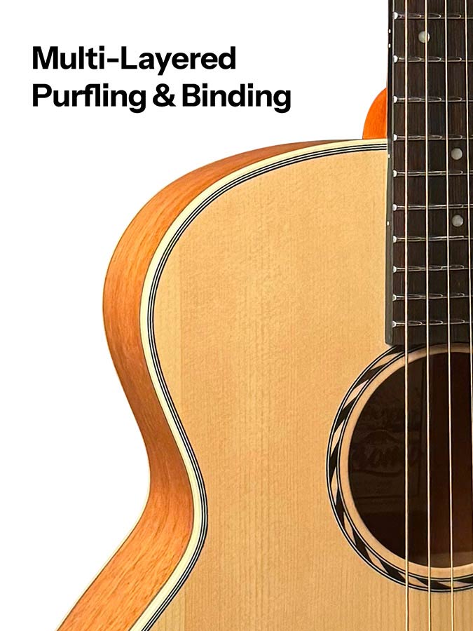 mini jumbo acoustic guitar, solid spruce top, amara ebony fb, natural, sponge padded bag