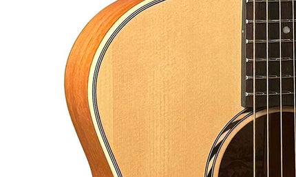 mini jumbo acoustic guitar, solid spruce top, amara ebony fb, natural, sponge padded bag
