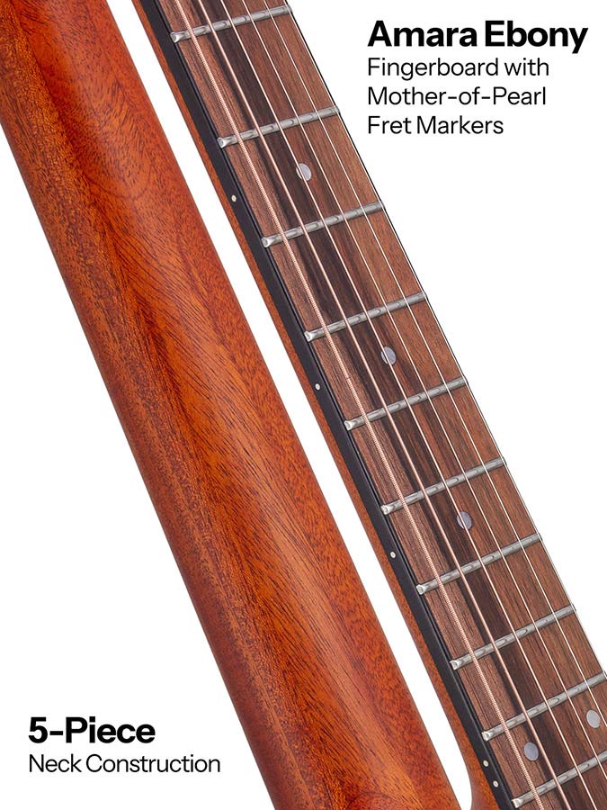 mini jumbo acoustic guitar, solid spruce top, amara ebony fb, natural, sponge padded bag