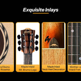 mini jumbo acoustic guitar, solid spruce top, amara ebony fb, natural, sponge padded bag