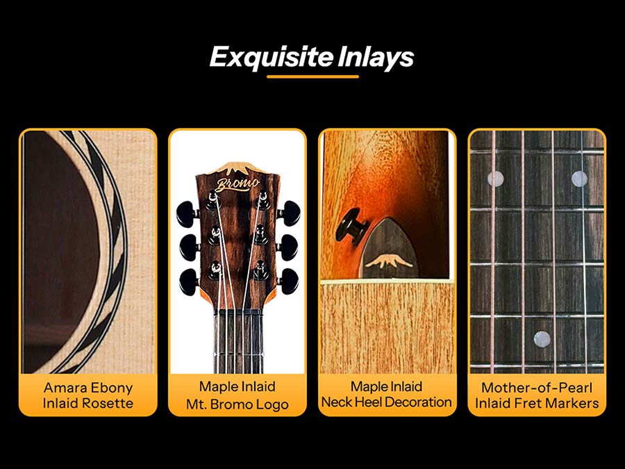 mini jumbo acoustic guitar, solid spruce top, amara ebony fb, natural, sponge padded bag
