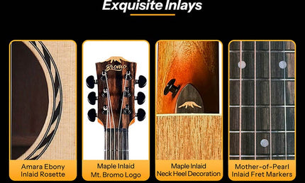 mini jumbo acoustic guitar, solid spruce top, amara ebony fb, natural, sponge padded bag