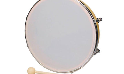 hand drum, plastic drum head, 10", wood, with mallet