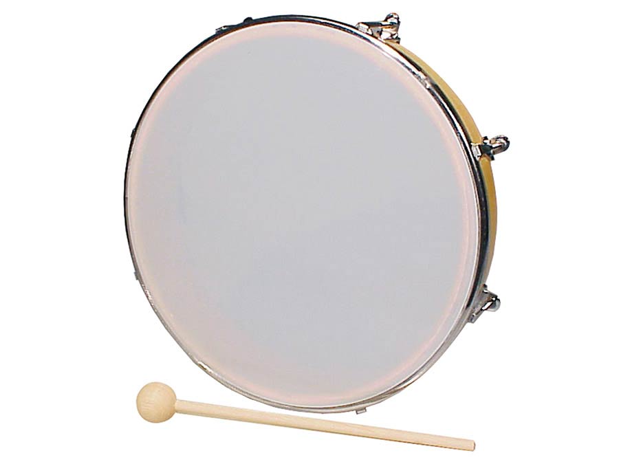 hand drum, plastic drum head, 10", wood, with mallet