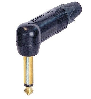 jack plug, 6,3 mm, 2-polig, haaks, zwart, gouden contacten
