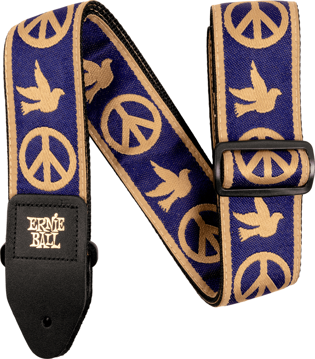 Ernie Ball Jacquard Gitaarriem Blauw – Peace Love Dove beige en blauw