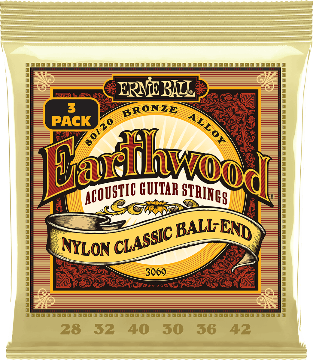 Ernie Ball Earthwood 80/20 Bronze Akoestische Gitaarsnaren Folk Nylon Ball-end 3-pack
